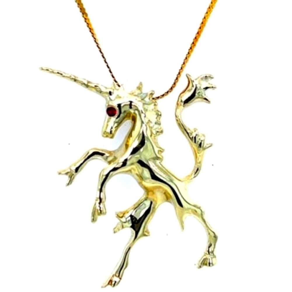 14K Magical Prancing Unicorn Ruby Eye Exudes Strength Ferocity Untamable Power